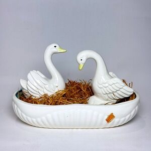 Vintage Our Own Import Japan Ceramic Swan Figurine Set 3pc White Mid Century Box